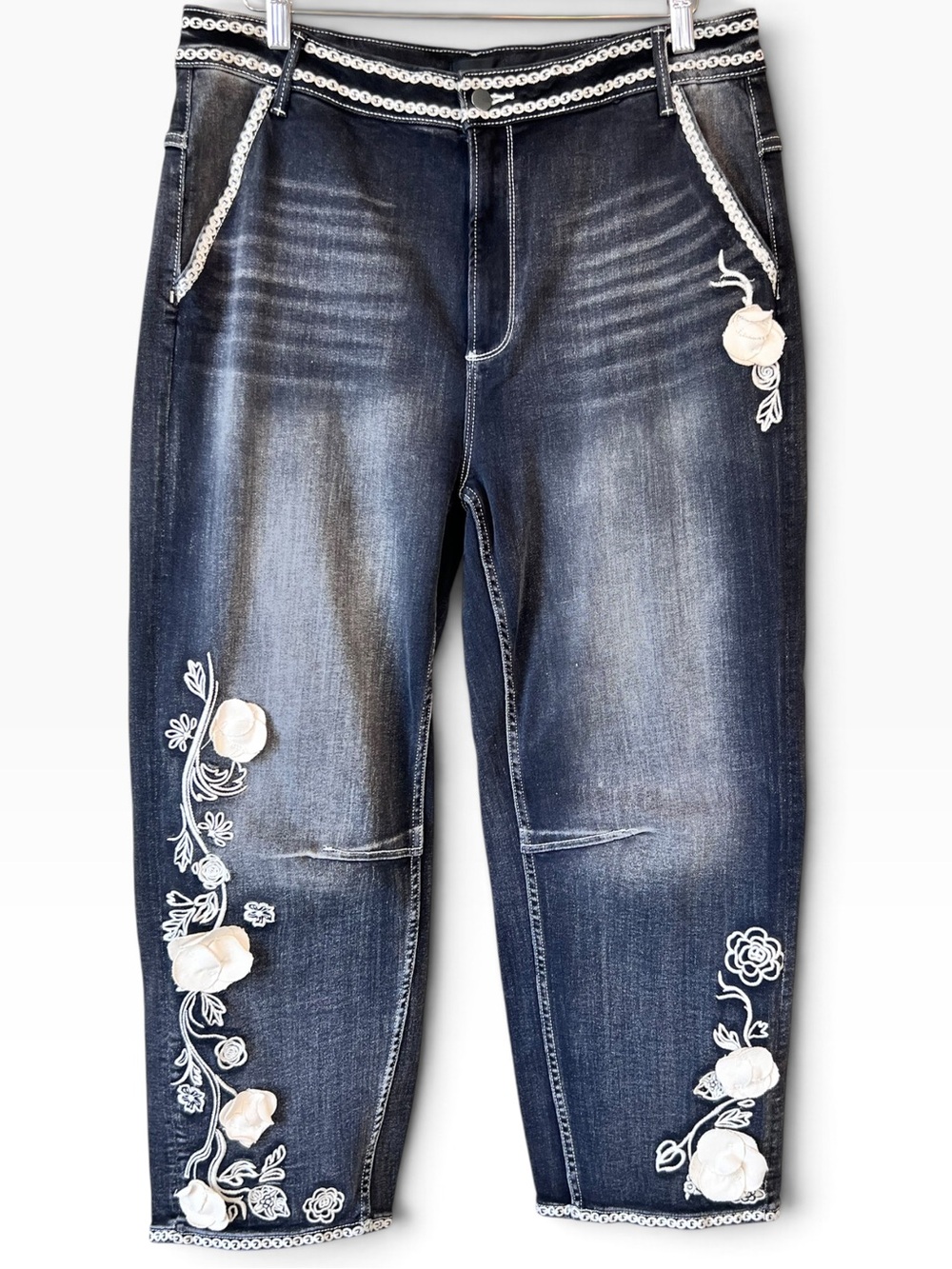 Driftwood Barbara Stretch Denim Embroidered Floral Wide Leg Barrel Jeans